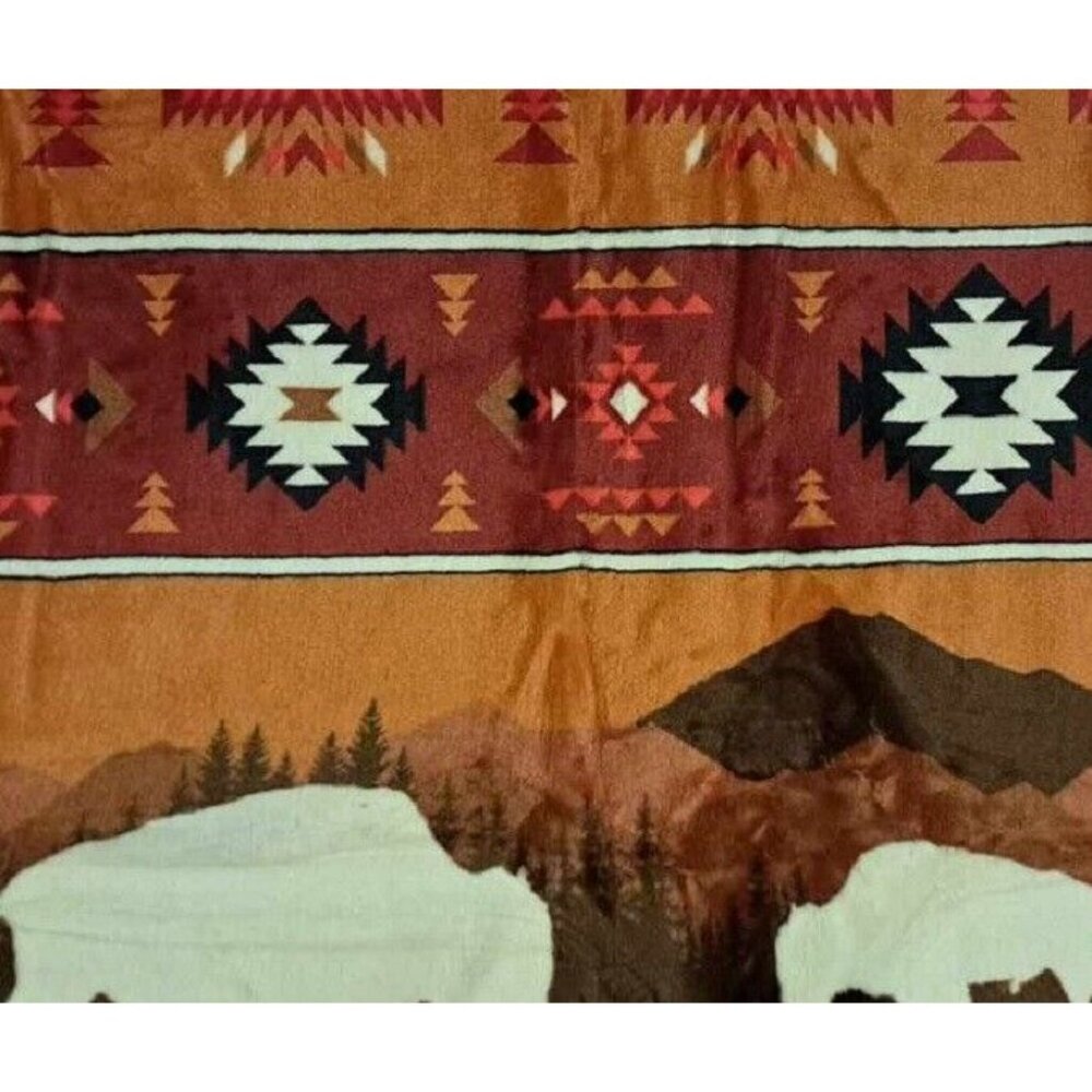 New Rust Rustic Bison Buffalo Sherpa Plush Throw Gift Blanket Native Art Orange - Picture 3 of 5